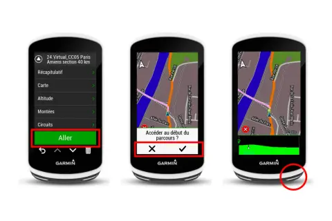 Trois écrans d'un GPS Garmin Edge affichant un parcours virtuel. Le premier montre le menu "Aller", le second demande confirmation pour accéder au début du parcours, le troisième affiche la carte du parcours. Un fichier garmin gpx est prêt à être utilisé.