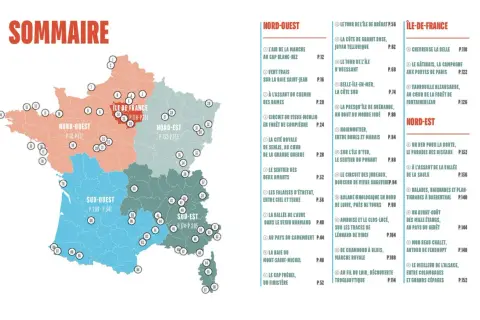 Carte de France divisée par régions, indiquant des points d'intérêt pour la meilleur randonnée France.