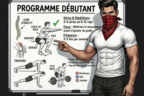 Programme débutant de callisthénie : squat, planche, soulevé de terre. Focus sur la technique avant le poids.