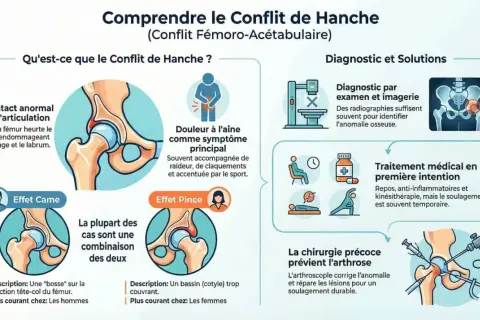 Schéma expliquant le conflit de hanche, ses symptômes comme la douleur à l'aine, et les traitements. Il illustre les effets "Came" et "Pince" et mentionne le muscle de l'aine.