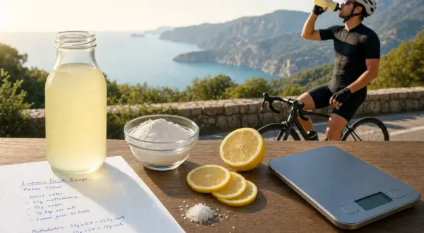 Cycliste buvant sa boisson pour cycliste fait maison, avec les ingrédients et la recette sur la table.