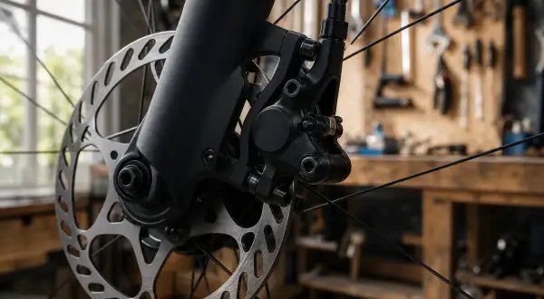Gros plan sur un étrier de frein à disque de vélo, prêt pour le réglage. L'atelier de mécanique est visible en arrière-plan.