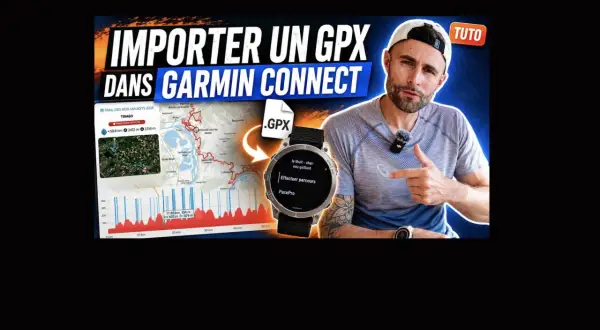 Tuto pour importer un trace GPX Garmin Connect. Un homme montre une montre GPS et une carte de parcours.