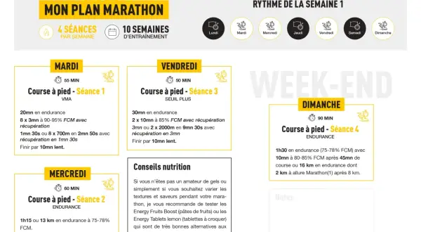 Plan d'entraînement pour préparer un semi marathon : Semaine 1, avec séances de course à pied le mardi, mercredi, vendredi et dimanche.