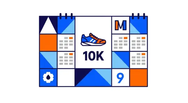 Calendrier stylisé avec une chaussure de course et "10K" au centre. Idéal pour un programme entrainement 10 km.