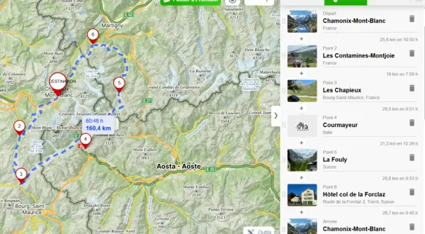 Carte d'un itinéraire de tour du Mont-Blanc en 6 jours, avec les étapes marquées de 1 à 6.