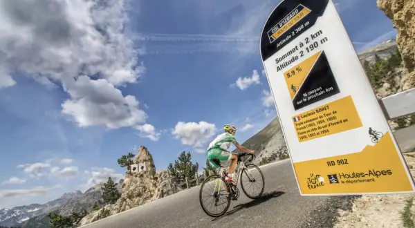 Cycliste en ascension au col d'Izoard, panneau indiquant l'altitude et la pente.
