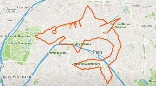 Dessin de requin sur une carte de Paris, tracé par un GPS Strava. Une œuvre créative qui navigue entre les parcs et monuments.