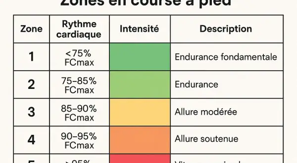 Tableau des zones de fréquence cardiaque pour la course à pied, de l'endurance fondamentale à la vitesse maximale.