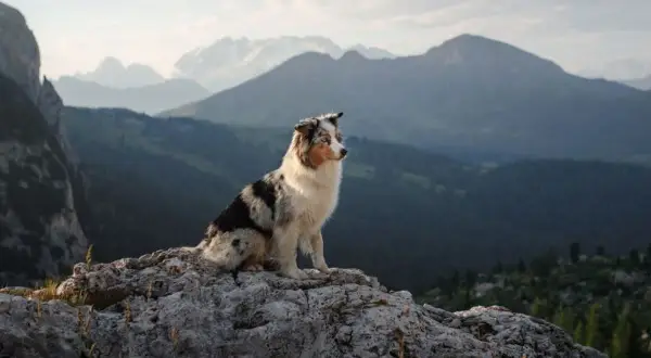 Un chien profite d'une randonnée avec son maître, assis sur un rocher face à un paysage montagneux spectaculaire.