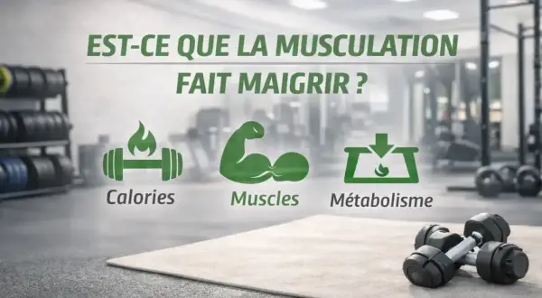La musculation fait elle maigrir ? L'image montre une salle de sport avec des icônes : calories, muscles et métabolisme.