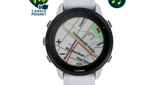 Montre Garmin Forerunner 255 avec cartographie détaillée. Idéale pour le cardio au poignet et la navigation.