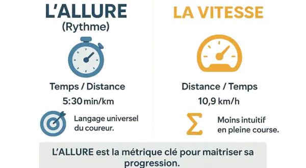 L'allure, mesurée en min/km, est essentielle pour connaître sa VMA et progresser. La vitesse (km/h) est moins intuitive en course.