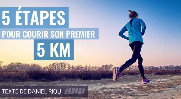 Une femme court en extérieur, le soleil se levant. Le texte indique "5 étapes pour courir son premier 5 km", idéal pour un débutant.