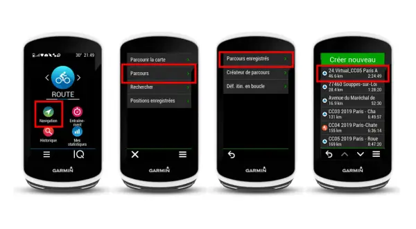 Écrans d'un GPS Garmin affichant des options de navigation, dont la création et la gestion de parcours. On y voit une liste de traces GPX Garmin.