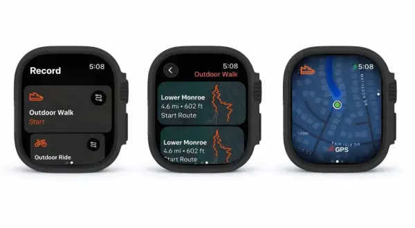 Trois écrans de montre connectée affichant des activités sportives. Le premier montre "Record" avec "Outdoor Walk" et "Outdoor Ride". Le deuxième, "Outdoor Walk", liste des parcours avec distance et dénivelé. Le troisième, une carte GPS, indique une po...