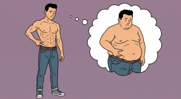 Un homme musclé pense à son ancienne silhouette plus ronde. Le sport favorise la lipolyse pour atteindre ses objectifs.