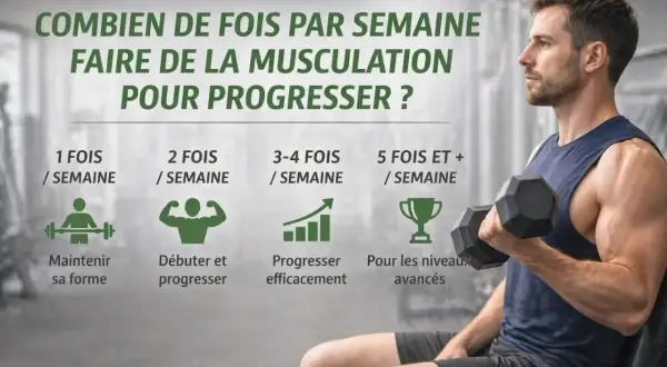 Combien de séance de sport par semaine pour progresser en musculation ? L'image montre 1, 2, 3-4, et 5+ séances par semaine.