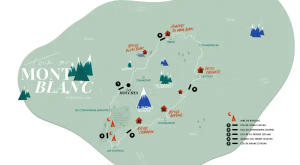 Carte du Tour du Mont Blanc en 7 jours, montrant refuges, cols et la difficulté des étapes.
