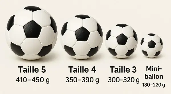 Quatre ballons de foot de tailles différentes, du plus grand au plus petit. Le poids du ballon de foot masculin varie selon la taille, de 180 à 450 g.