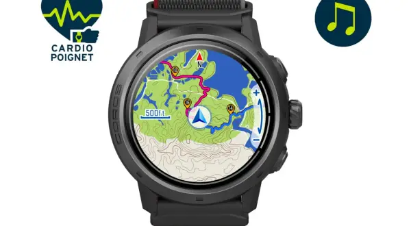 Montre connectée affichant une carte topographique détaillée avec un itinéraire et un indicateur de position. Le **gps cartographique** est prêt pour l'aventure.