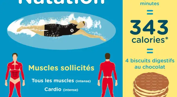 Natation : 30 minutes brûlent 343 calories, l'équivalent de 4 biscuits au chocolat. Un excellent exercice pour tous les muscles et le cardio.