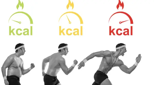 Trois hommes en course, du plus corpulent au plus musclé, symbolisant comment brûler les graisses stockées par le sport et le contrôle des calories.