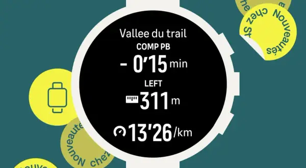 Montre connectée affichant des données de course sur Strava sur Garmin : temps, distance restante et allure.