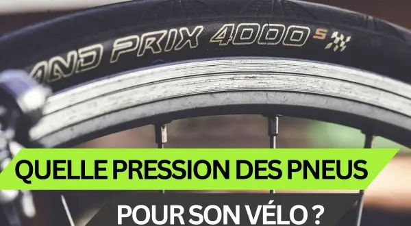 Gros plan sur un pneu de vélo électrique, avec le texte "Quelle pression des pneus pour son vélo ?".