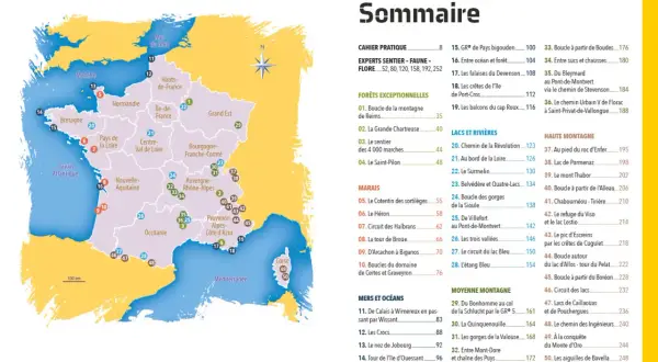 Carte de France indiquant des lieux pour faire de la randonnée en France, avec des numéros et des noms de régions.