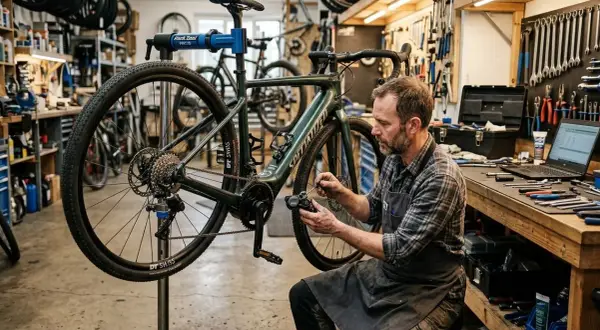Un mécanicien concentré effectue l'entretien d'un VTT dans un atelier bien rangé, entouré d'outils et de pièces de vélo.