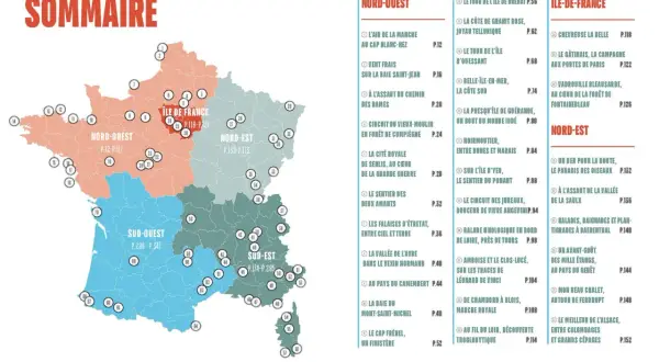 Carte de France divisée par régions, indiquant des points d'intérêt pour la meilleur randonnée France.