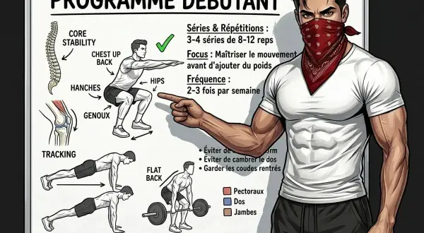 Programme débutant de callisthénie : squat, planche, soulevé de terre. Focus sur la technique avant le poids.