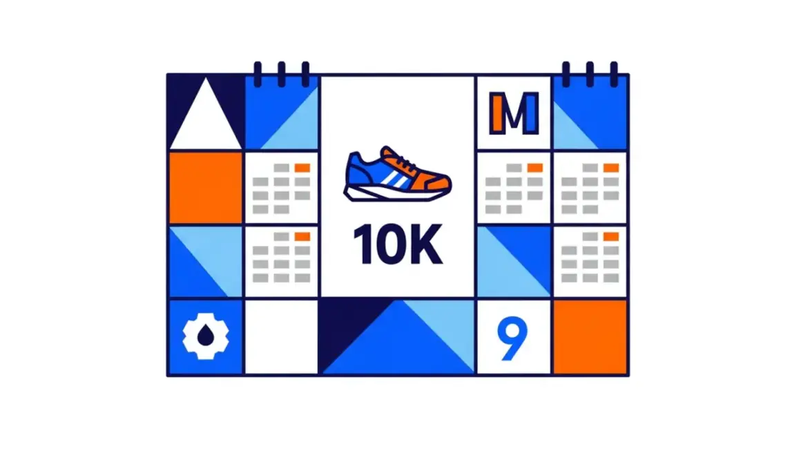 Calendrier stylisé avec une chaussure de course et "10K" au centre. Idéal pour un programme entrainement 10 km.
