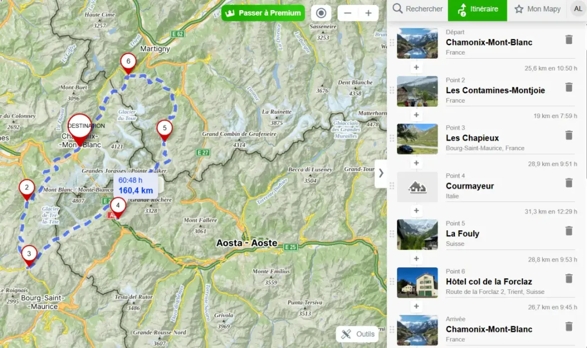 Carte d'un itinéraire de tour du Mont-Blanc en 6 jours, avec les étapes marquées de 1 à 6.