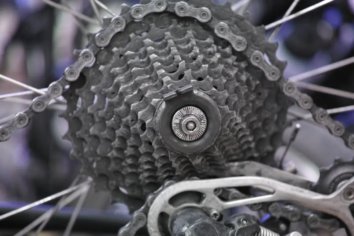 Détail d'une cassette de vélo, prête à être démontée. Les pignons et la chaîne sont visibles.