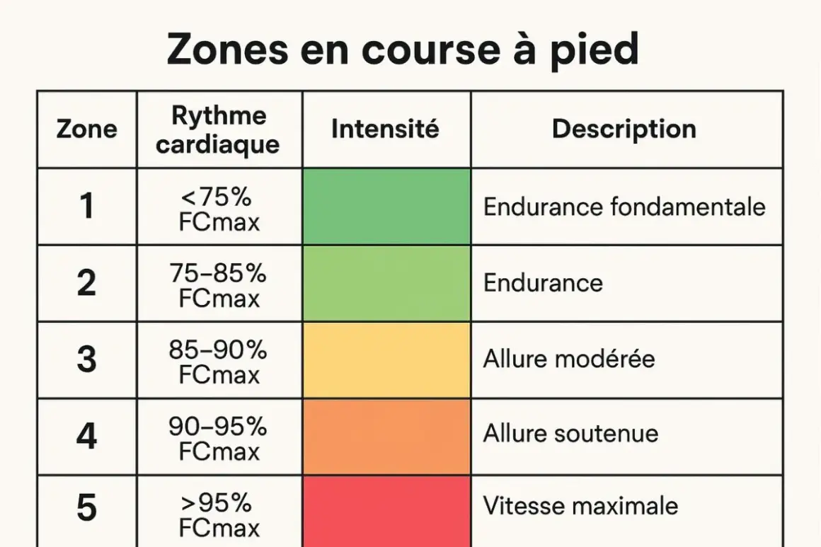 Tableau des zones de fréquence cardiaque pour la course à pied, de l'endurance fondamentale à la vitesse maximale.