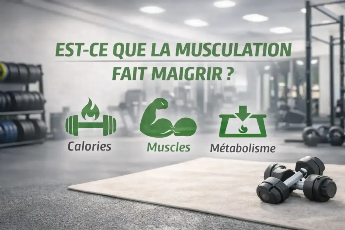 La musculation fait elle maigrir ? L'image montre une salle de sport avec des icônes : calories, muscles et métabolisme.