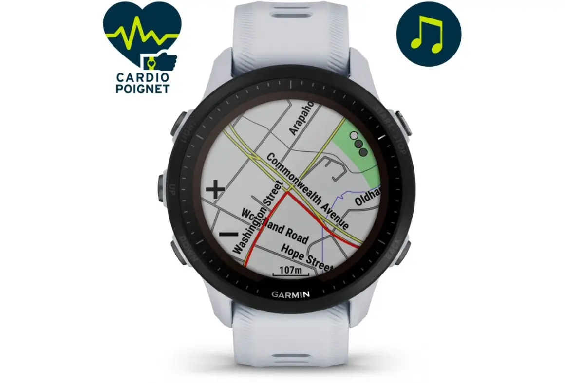 Montre Garmin Forerunner 255 avec cartographie détaillée. Idéale pour le cardio au poignet et la navigation.