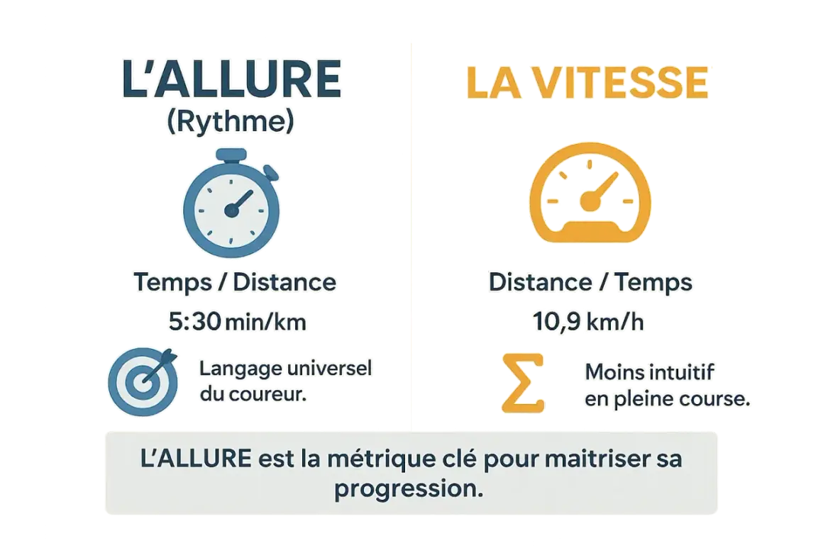 L'allure, mesurée en min/km, est essentielle pour connaître sa VMA et progresser. La vitesse (km/h) est moins intuitive en course.
