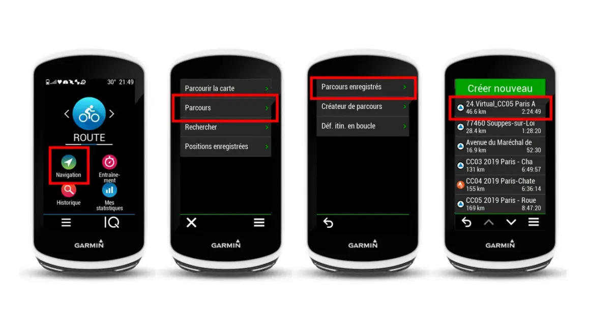 Écrans d'un GPS Garmin affichant des options de navigation, dont la création et la gestion de parcours. On y voit une liste de traces GPX Garmin.