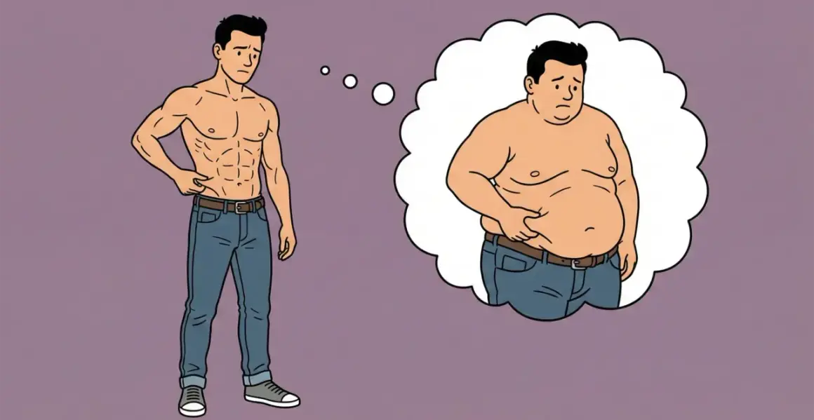 Un homme musclé pense à son ancienne silhouette plus ronde. Le sport favorise la lipolyse pour atteindre ses objectifs.