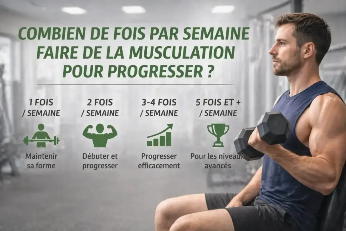 Combien de séance de sport par semaine pour progresser en musculation ? L'image montre 1, 2, 3-4, et 5+ séances par semaine.