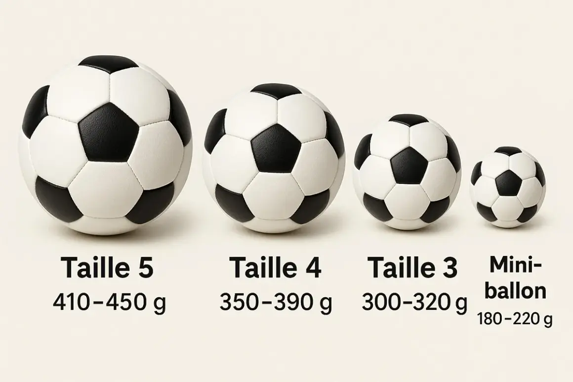 Quatre ballons de foot de tailles différentes, du plus grand au plus petit. Le poids du ballon de foot masculin varie selon la taille, de 180 à 450 g.