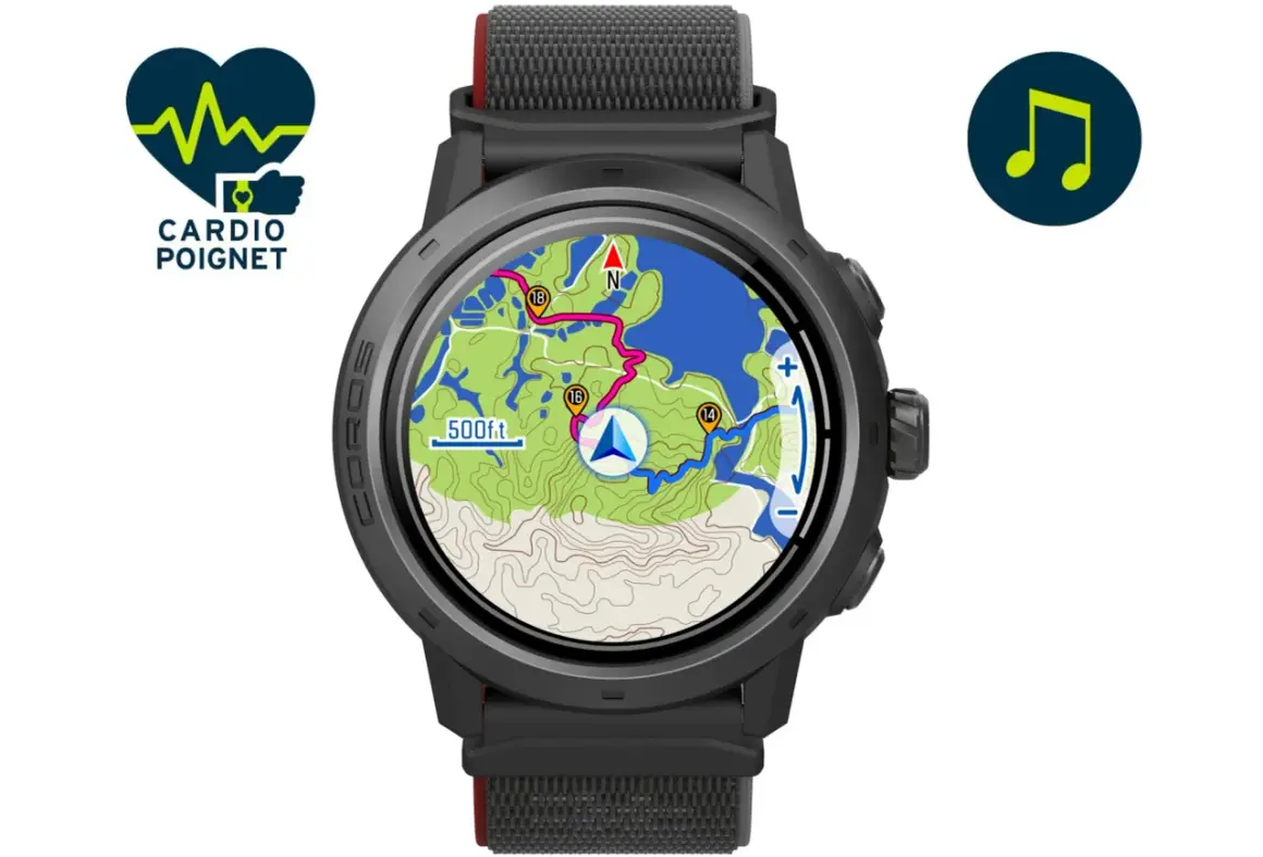 Montre connectée affichant une carte topographique détaillée avec un itinéraire et un indicateur de position. Le **gps cartographique** est prêt pour l'aventure.