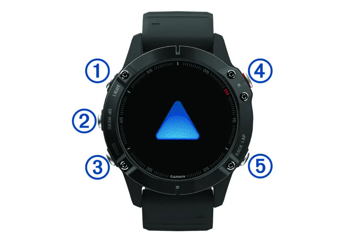 Montre Garmin Fenix 6 Pro avec flèche bleue. Astuce : utilisez les boutons pour naviguer.