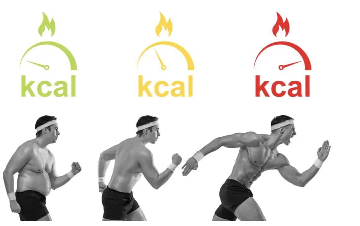 Trois hommes en course, du plus corpulent au plus musclé, symbolisant comment brûler les graisses stockées par le sport et le contrôle des calories.