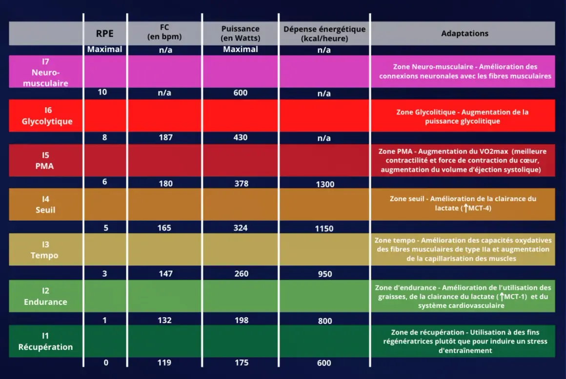 Tableau comparant différentes zones d'entraînement (Neuro-musculaire, Glycolytique, PMA, Seuil, Tempo, Endurance, Récupération) avec leurs adaptations physiologiques, incluant la zone cardiaque.