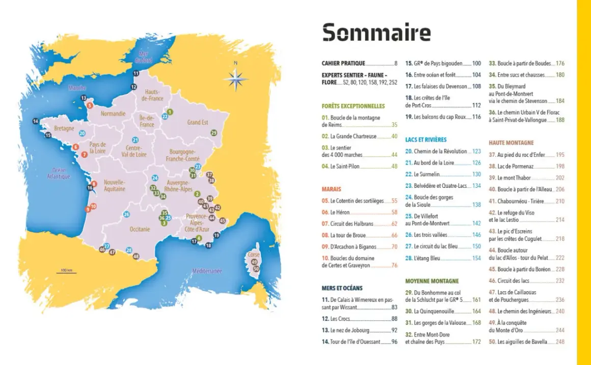 Carte de France indiquant des lieux pour faire de la randonnée en France, avec des numéros et des noms de régions.