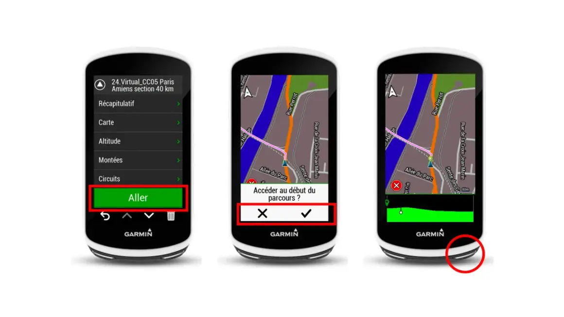 Trois écrans d'un GPS Garmin Edge affichant un parcours virtuel. Le premier montre le menu "Aller", le second demande confirmation pour accéder au début du parcours, le troisième affiche la carte du parcours. Un fichier garmin gpx est prêt à être utilisé.